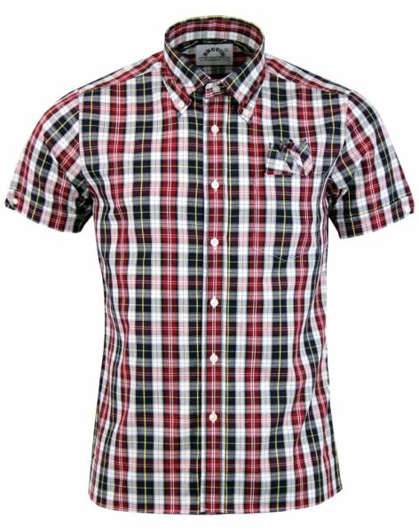 Brutus - Burgundy/Navy/Yellow Tartan, Button Down Hemd Kurzarm, Great-Fit