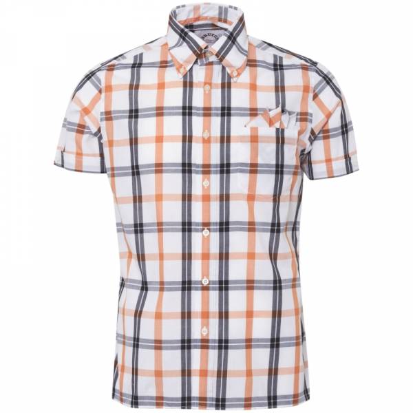Brutus - White/Orange Check, Button Down Hemd Kurzarm, Trim-Fit